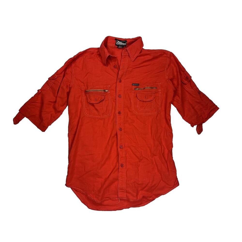 VTG 80s 90s Pier Connection Mens Small Orange Woven Button Down Shirt Cotton